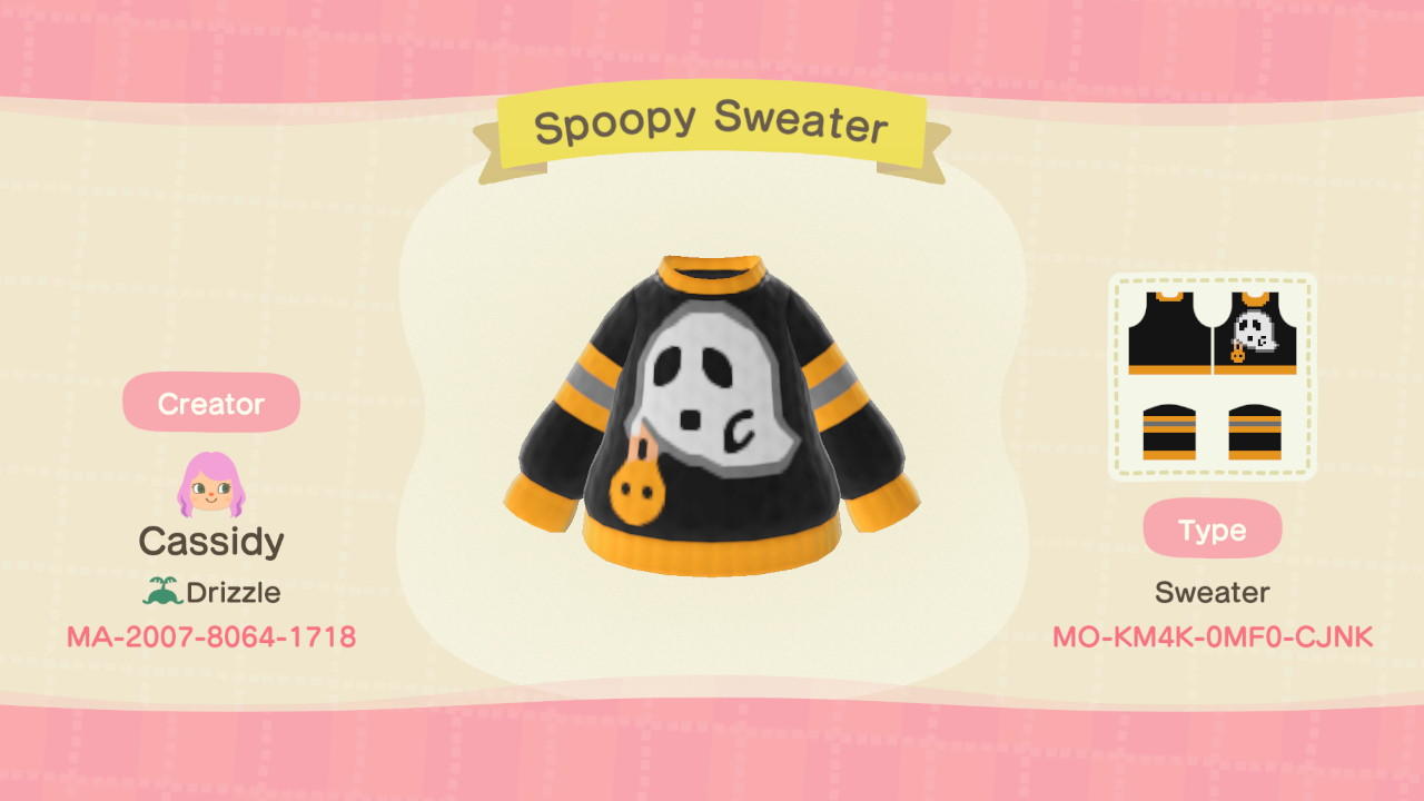 Animal Crossing Design Code: MO-KM4K-0MF0-CJNK Spoopy Sweater