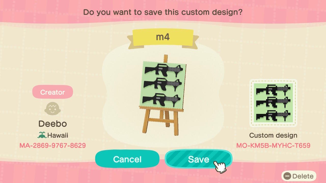 Animal Crossing Design Code: MO-KM5B-MYHC-T659 WeaponsVault M4