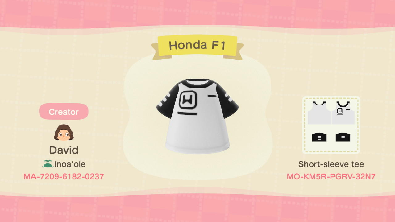 Animal Crossing Design Code: MO-KM5R-PGRV-32N7 Honda F1