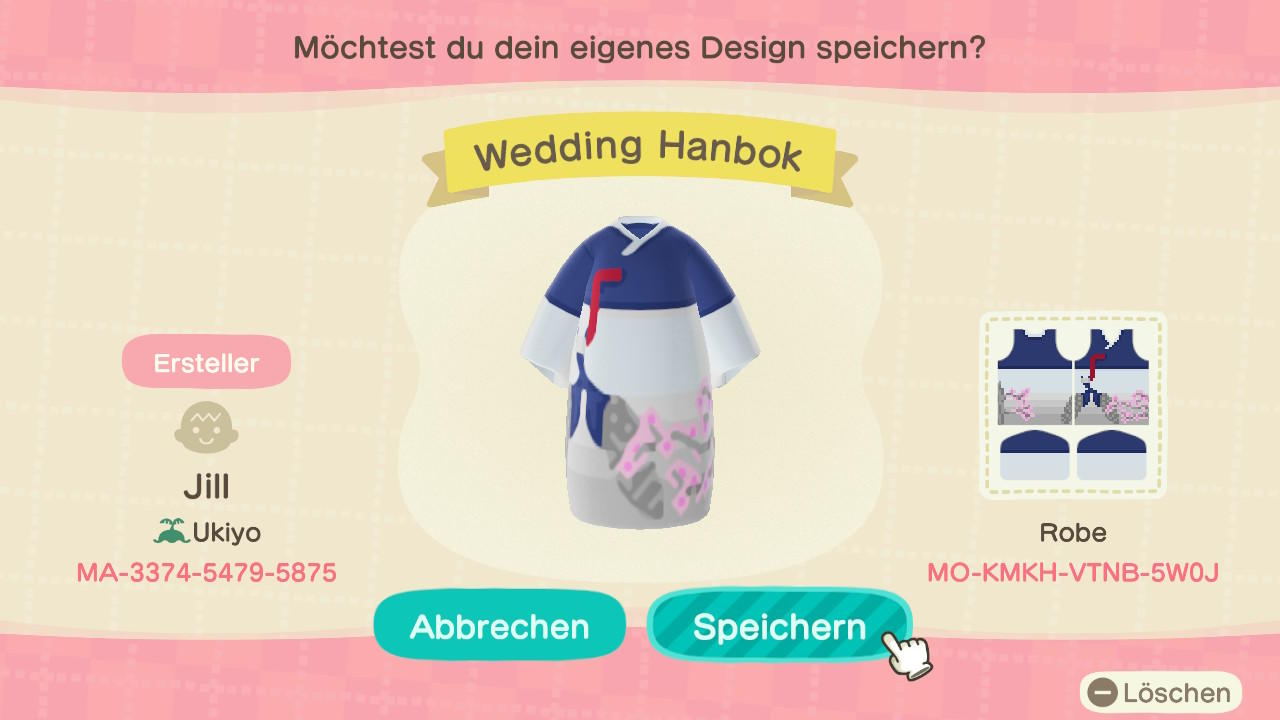 Animal Crossing Design Code: MO-KMKH-VTNB-5W0J Cherryblossom Hanbok