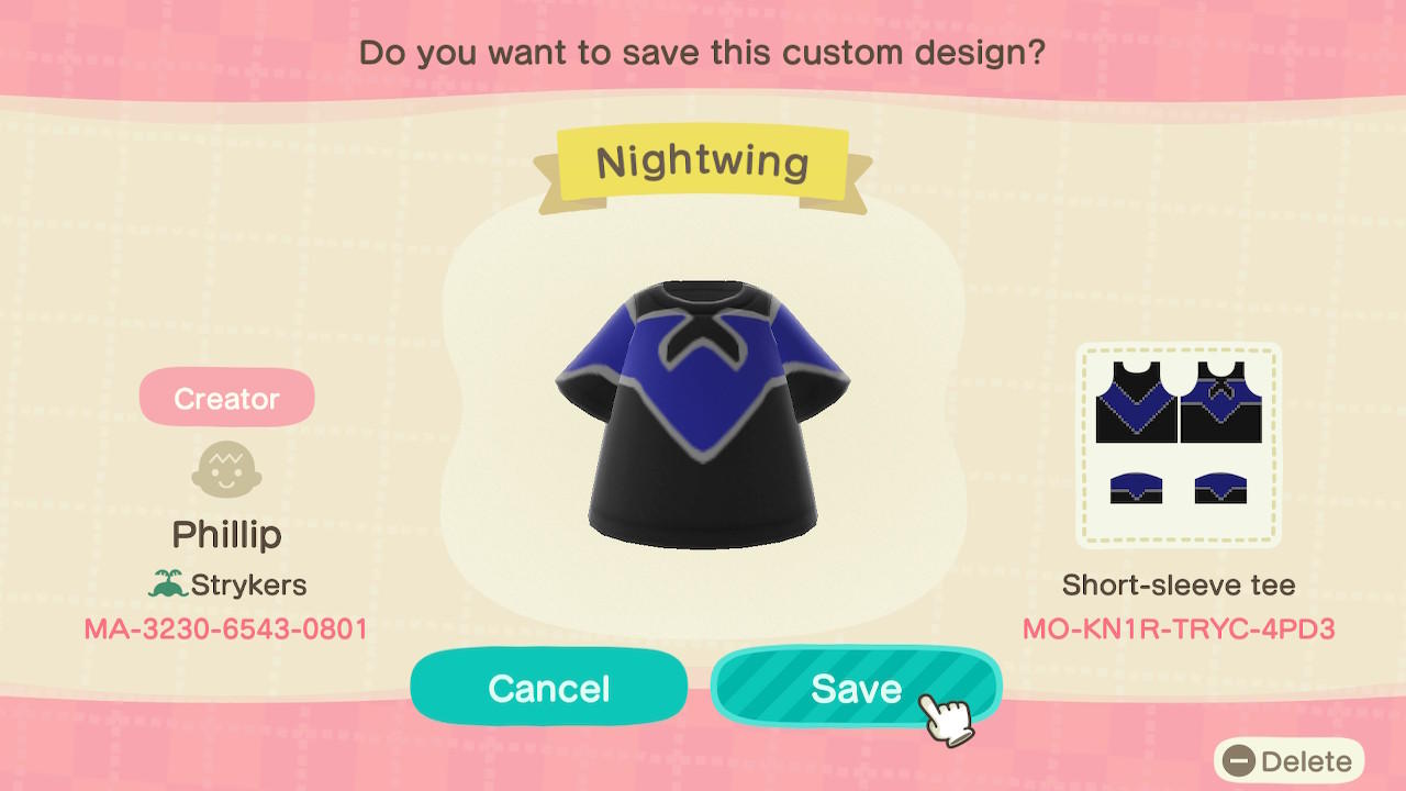 Animal Crossing Design Code: MO-KN1R-TRYC-4PD3 Nightwing