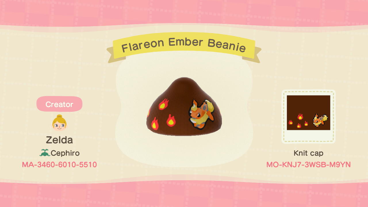 Animal Crossing Design Code: MO-KNJ7-3WSB-M9YN Flareon Ember Beanie