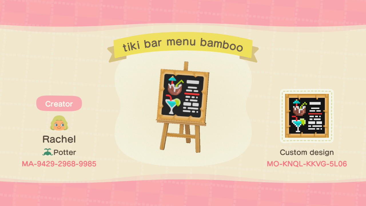 Animal Crossing Design Code: MO-KNQL-KKVG-5L06 Tiki cocktail menu