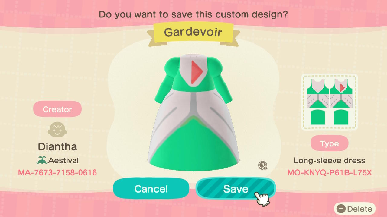 Animal Crossing Design Code: MO-KNYQ-P61B-L75X Gardevoir Dress