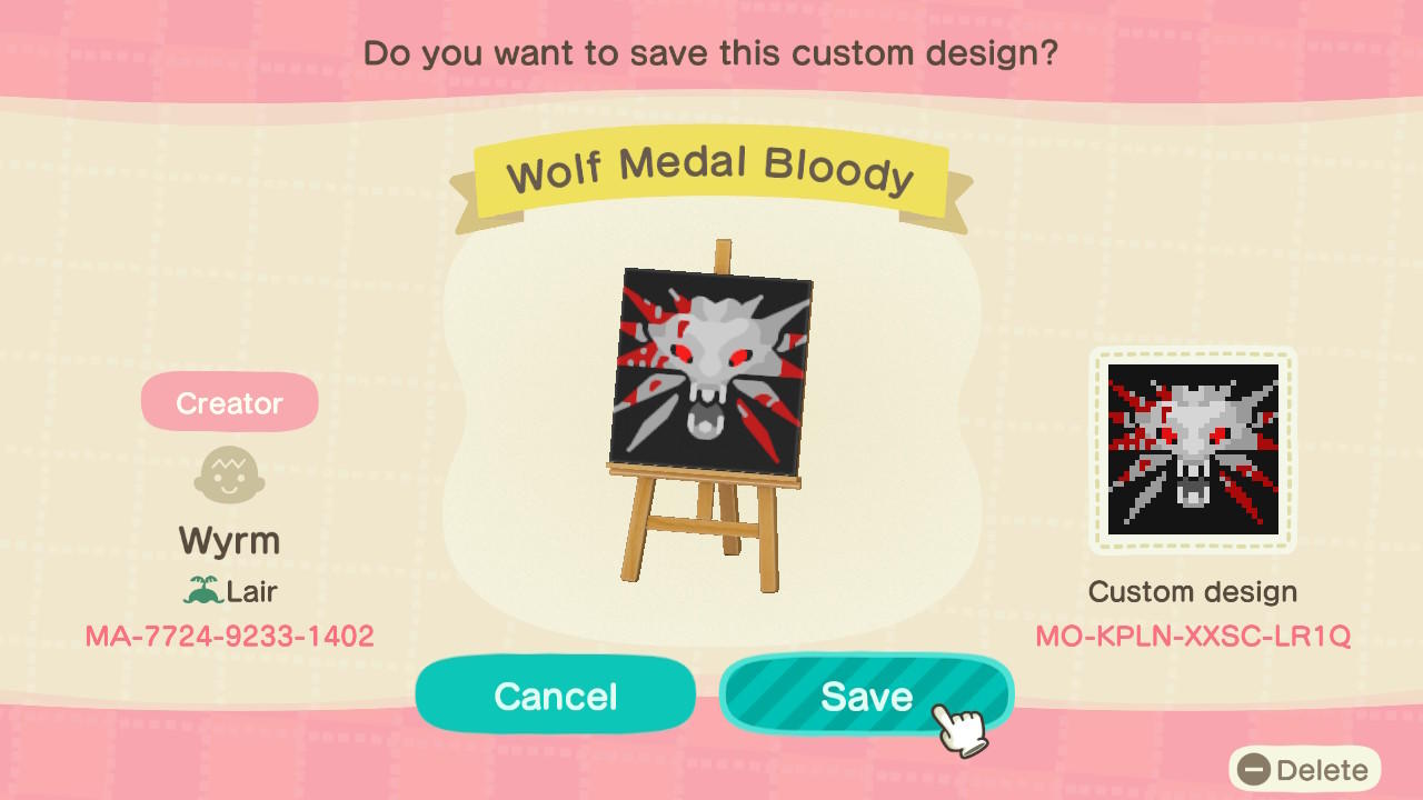 Animal Crossing Design Code: MO-KPLN-XXSC-LR1Q Witcher Wolf Bloody