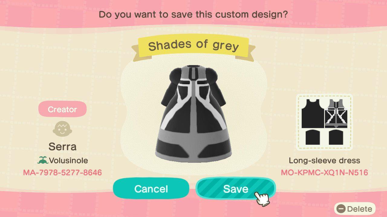 Animal Crossing Design Code: MO-KPMC-XQ1N-N516 GREY DRESS