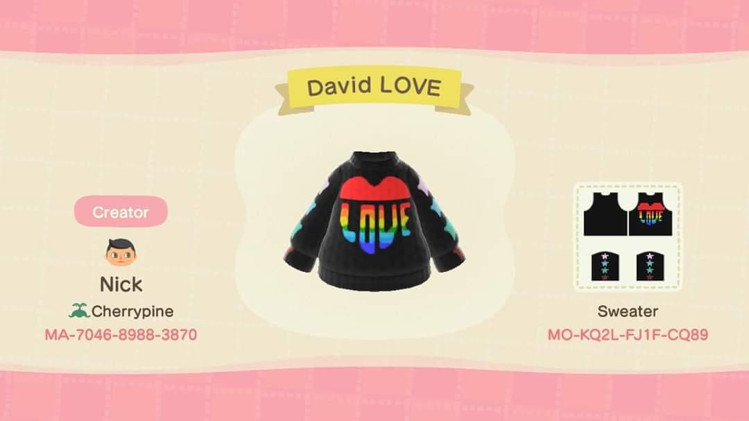 Animal Crossing Design Code: MO-KQ2L-FJ1F-CQ89 David LOVE