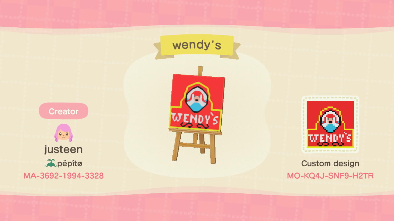 Animal Crossing Design Code: MO-KQ4J-SNF9-H2TR Wendy’s