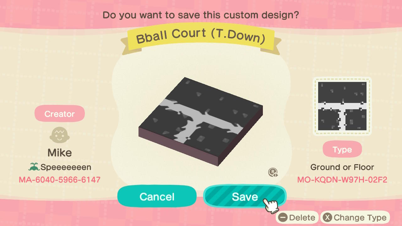 Animal Crossing Design Code: MO-KQDN-W97H-02F2 Bball Court (T.Down)