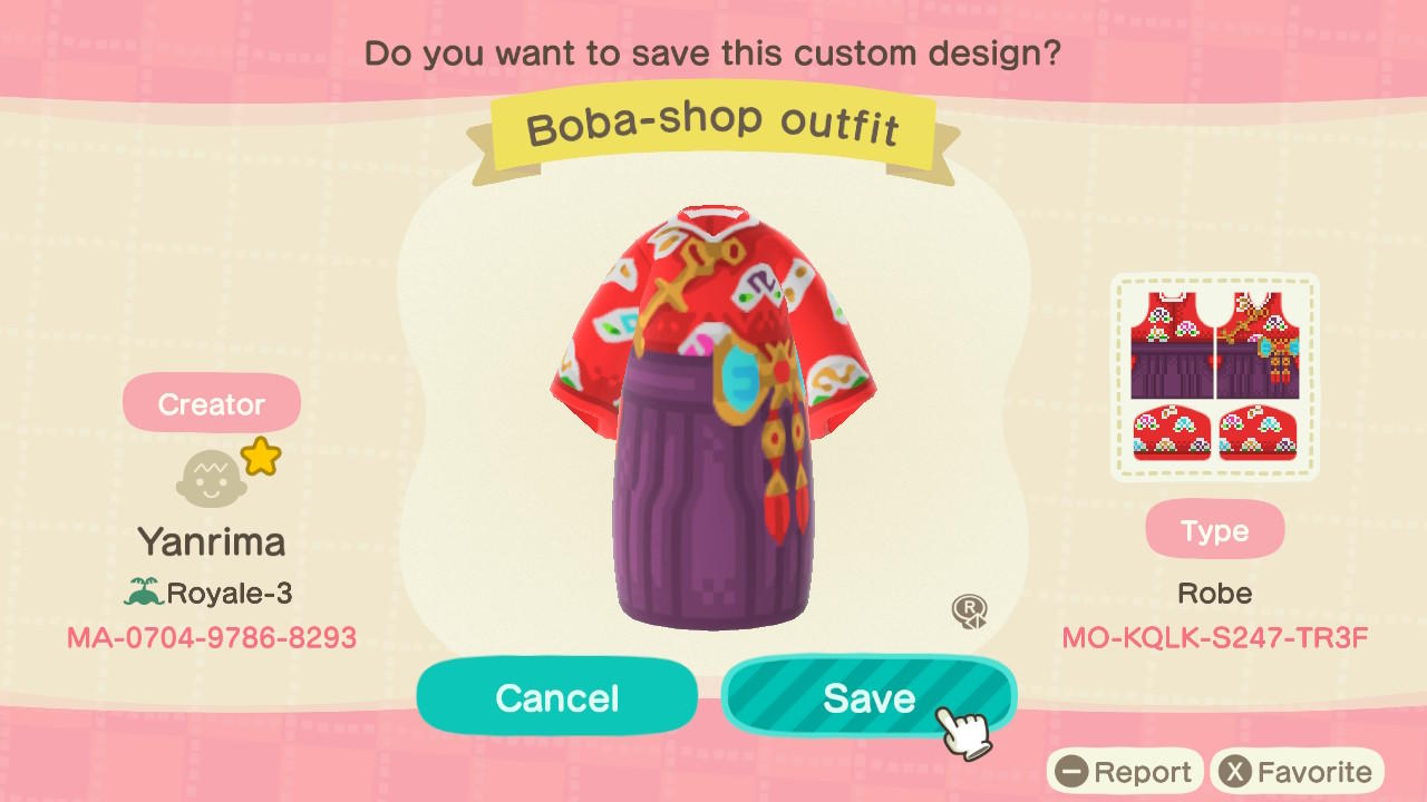 Animal Crossing Design Code: MO-KQLK-S247-TR3F Boba-Shop Outfit