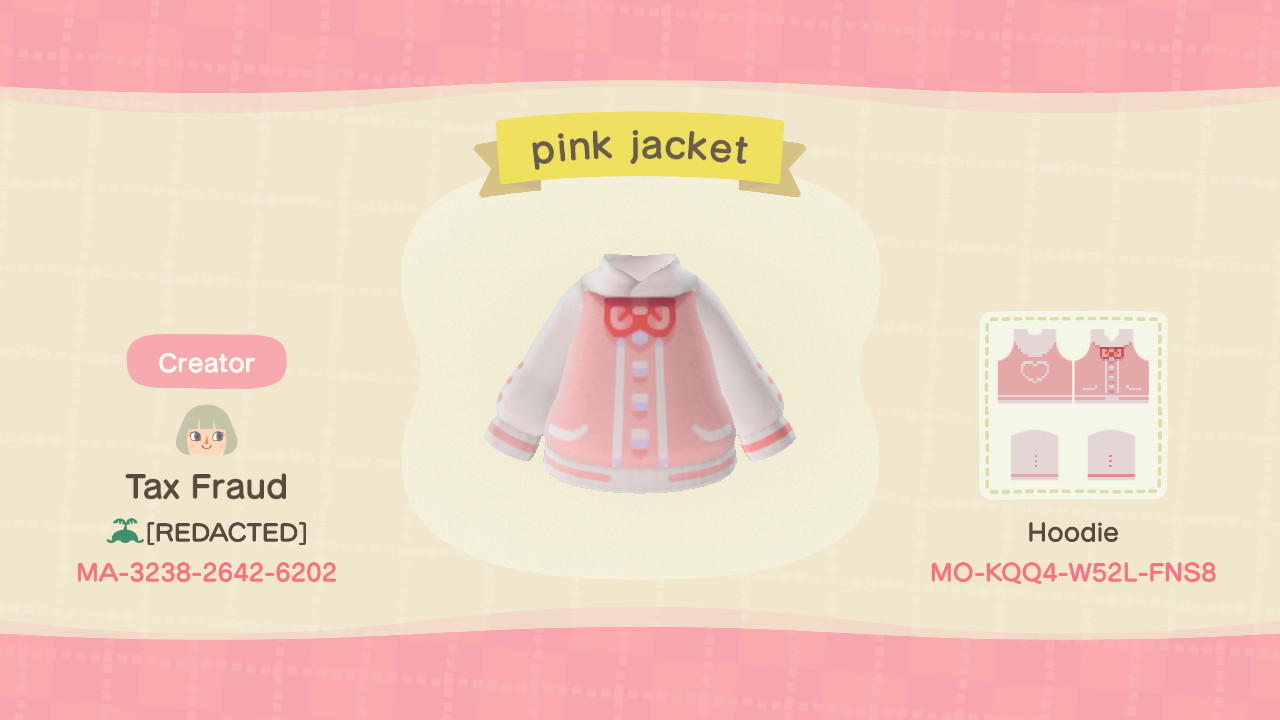 Animal Crossing Design Code: MO-KQQ4-W52L-FNS8 pink jacket
