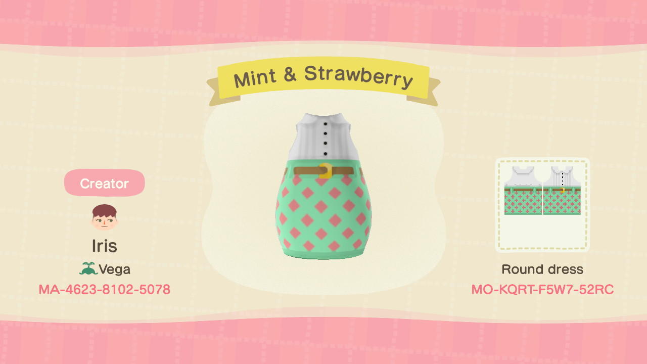 Animal Crossing Design Code: MO-KQRT-F5W7-52RC Mint & Strawberry
