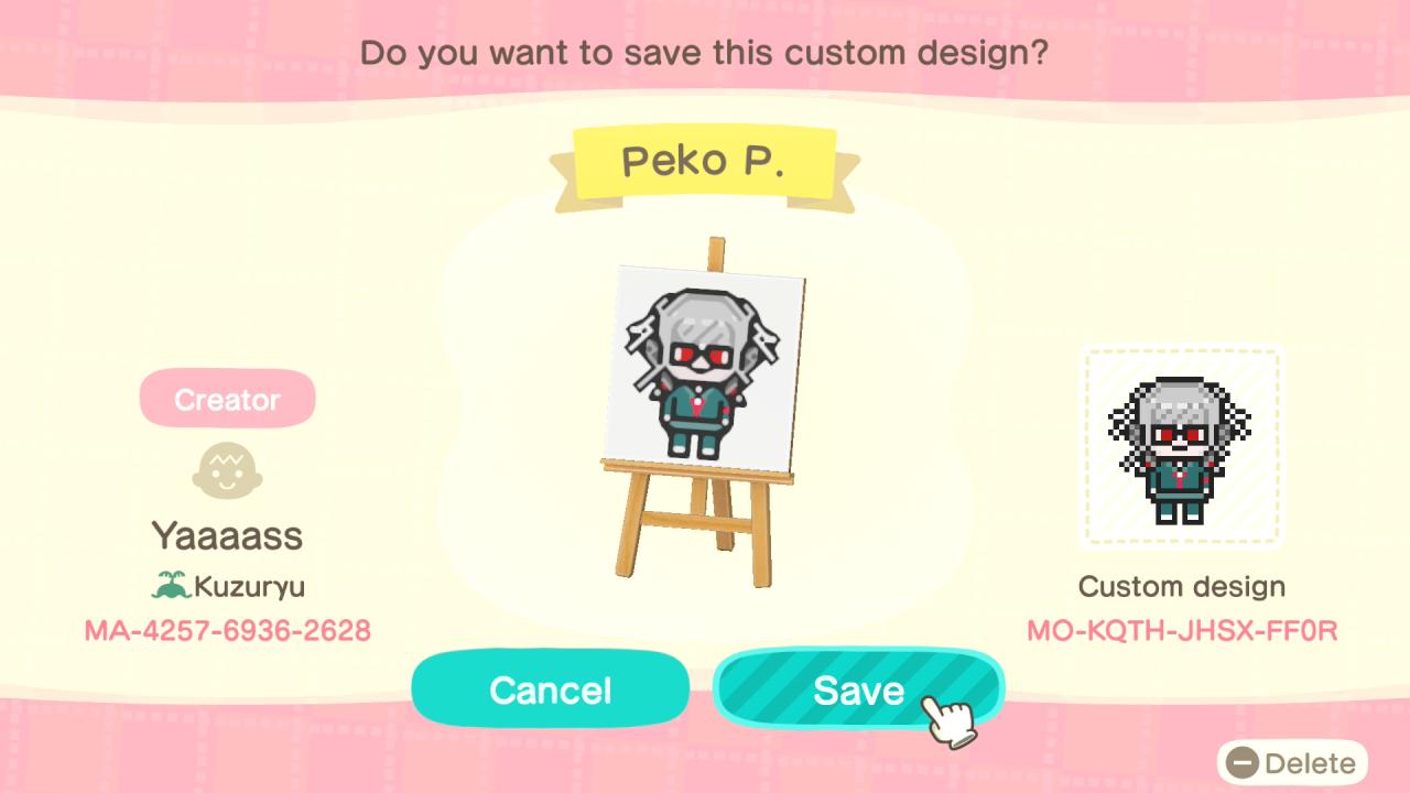 Animal Crossing Design Code: MO-KQTH-JHSX-FF0R Peko P.