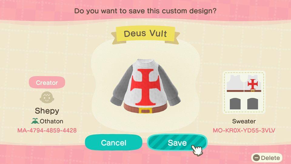 Animal Crossing Design Code: MO-KR0X-YD55-3VLV Deus Vult Armor