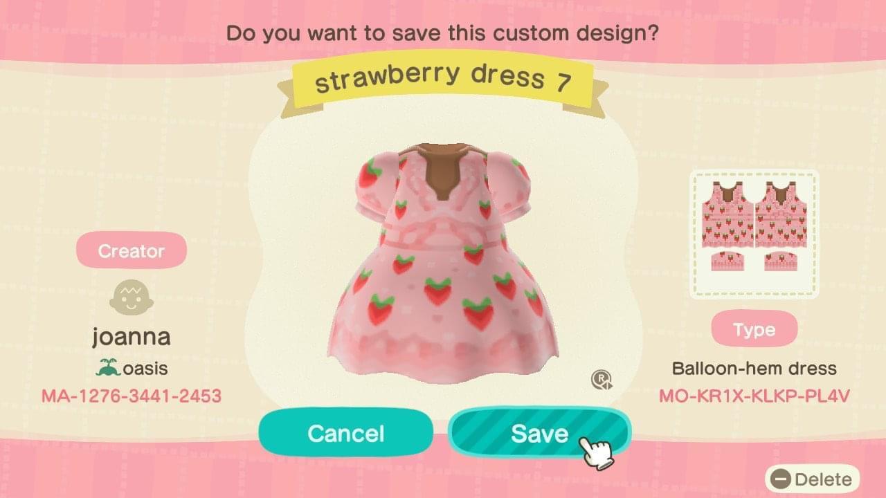 Animal Crossing Design Code: MO-KR1X-KLKP-PL4V strawberry dress