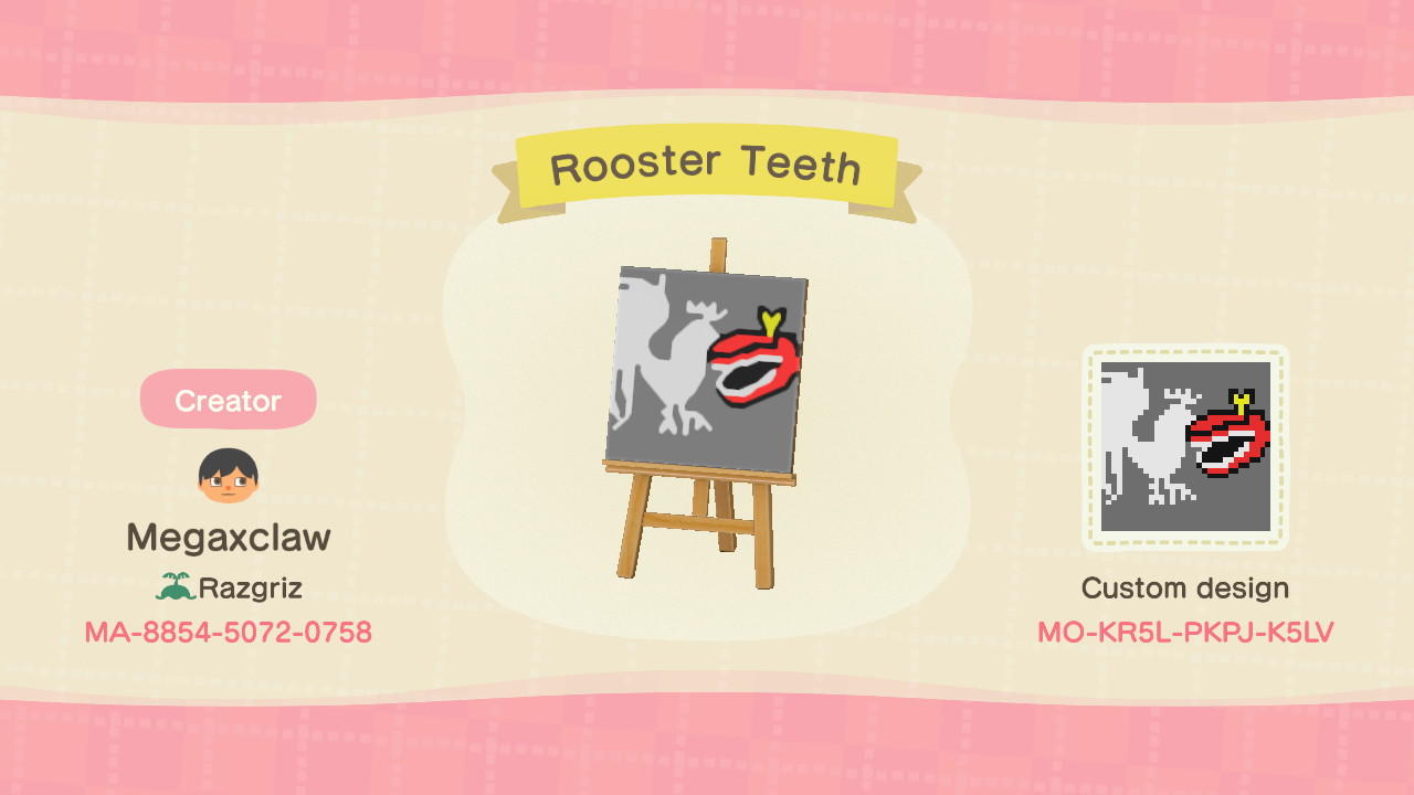 Animal Crossing Design Code: MO-KR5L-PKPJ-K5LV Rooster Teeth