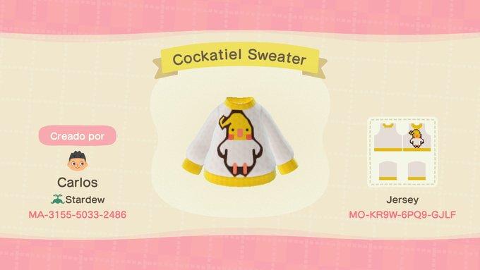 Animal Crossing Design Code: MO-KR9W-6PQ9-GJLF Cockatiel Sweater