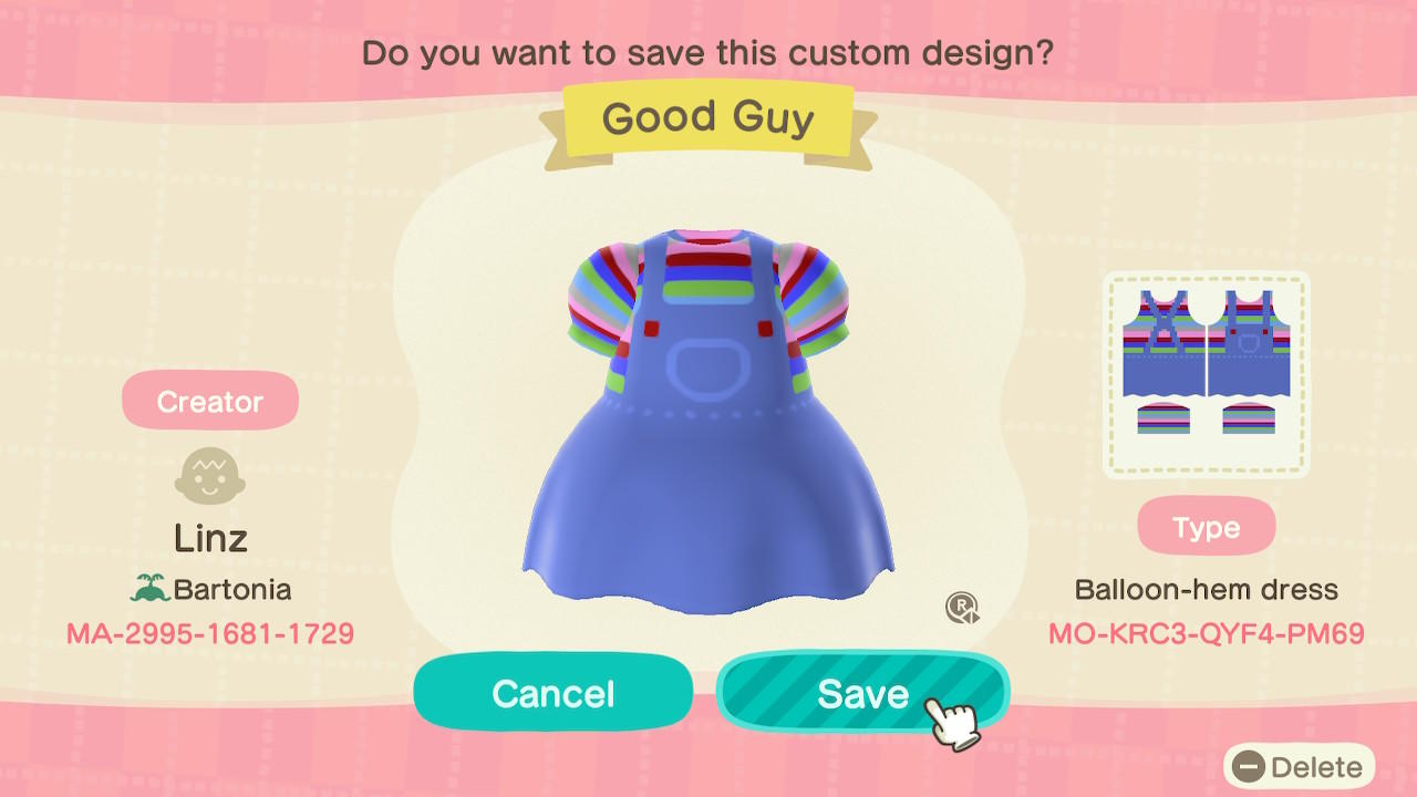 Animal Crossing Design Code: MO-KRC3-QYF4-PM69 Good Guy