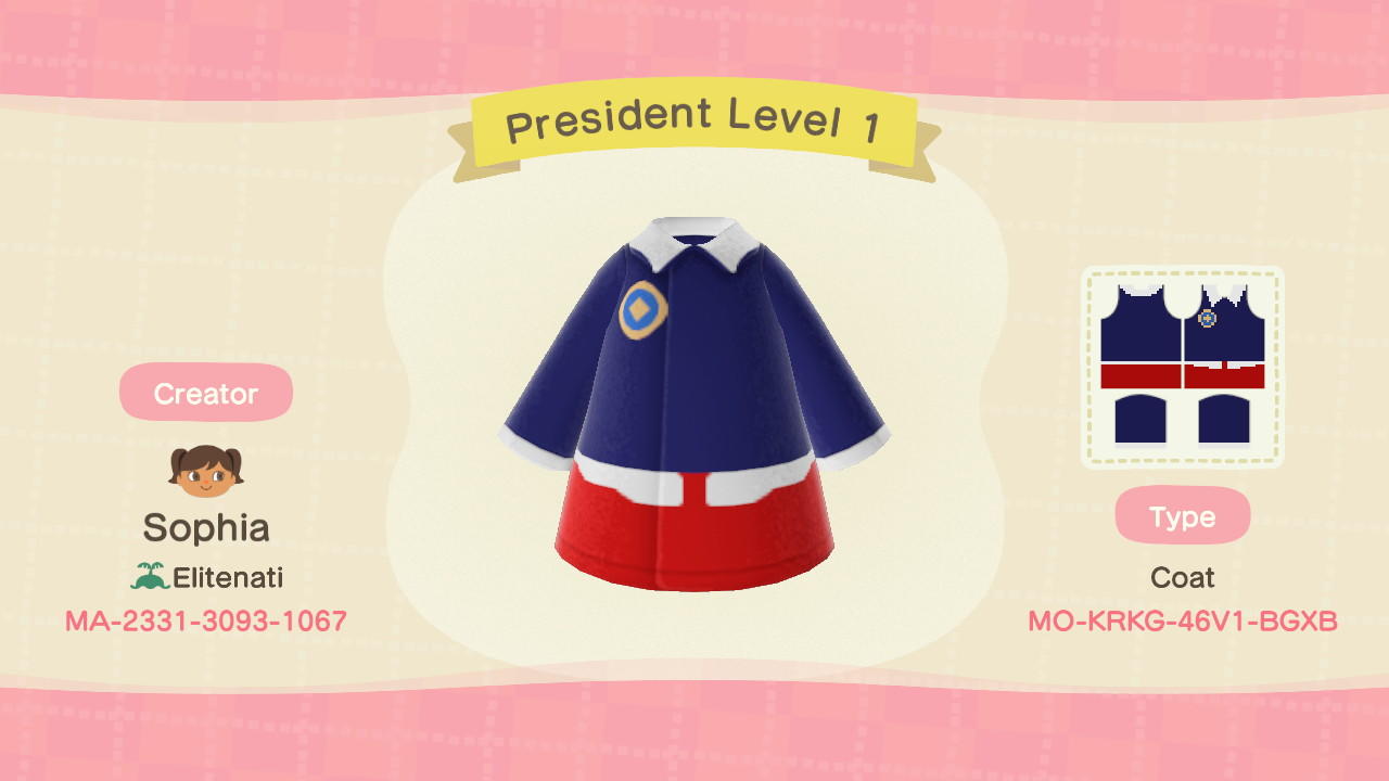 Animal Crossing Design Code: MO-KRKG-46V1-BGXB President Level 1