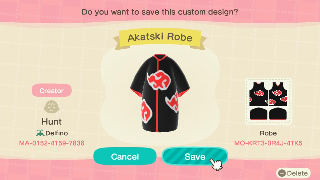 Animal Crossing Design Code: MO-KRT3-0R4J-4TK5 Akatsuki Robe