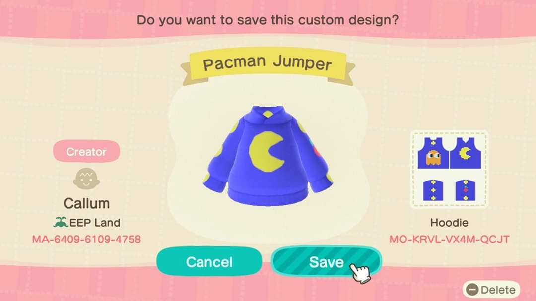 Animal Crossing Design Code: MO-KRVL-VX4M-QCJT Pacman Jumper