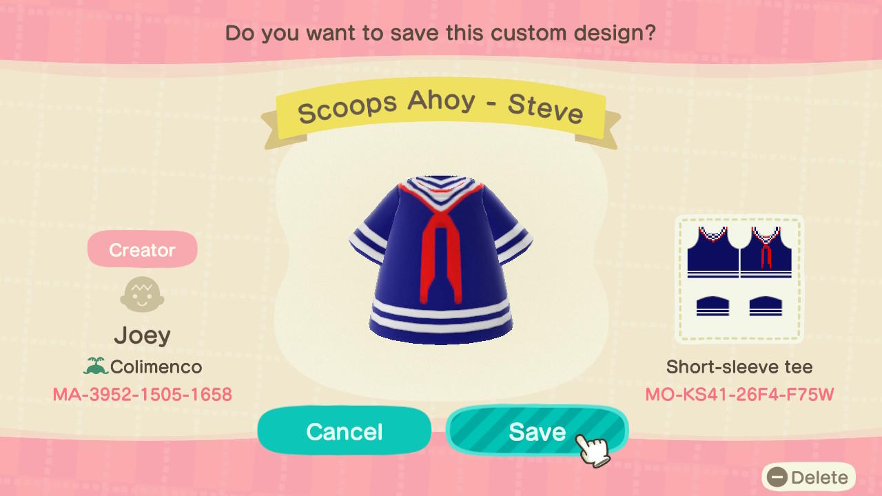 Animal Crossing Design Code: MO-KS41-26F4-F75W Scoops Ahoy - Steve