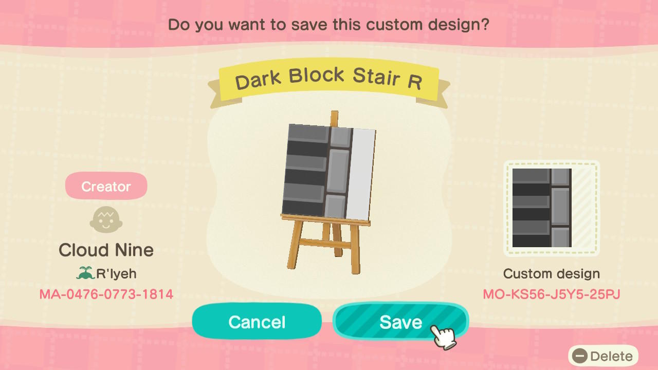Animal Crossing Design Code: MO-KS56-J5Y5-25PJ Dark Block Stair R