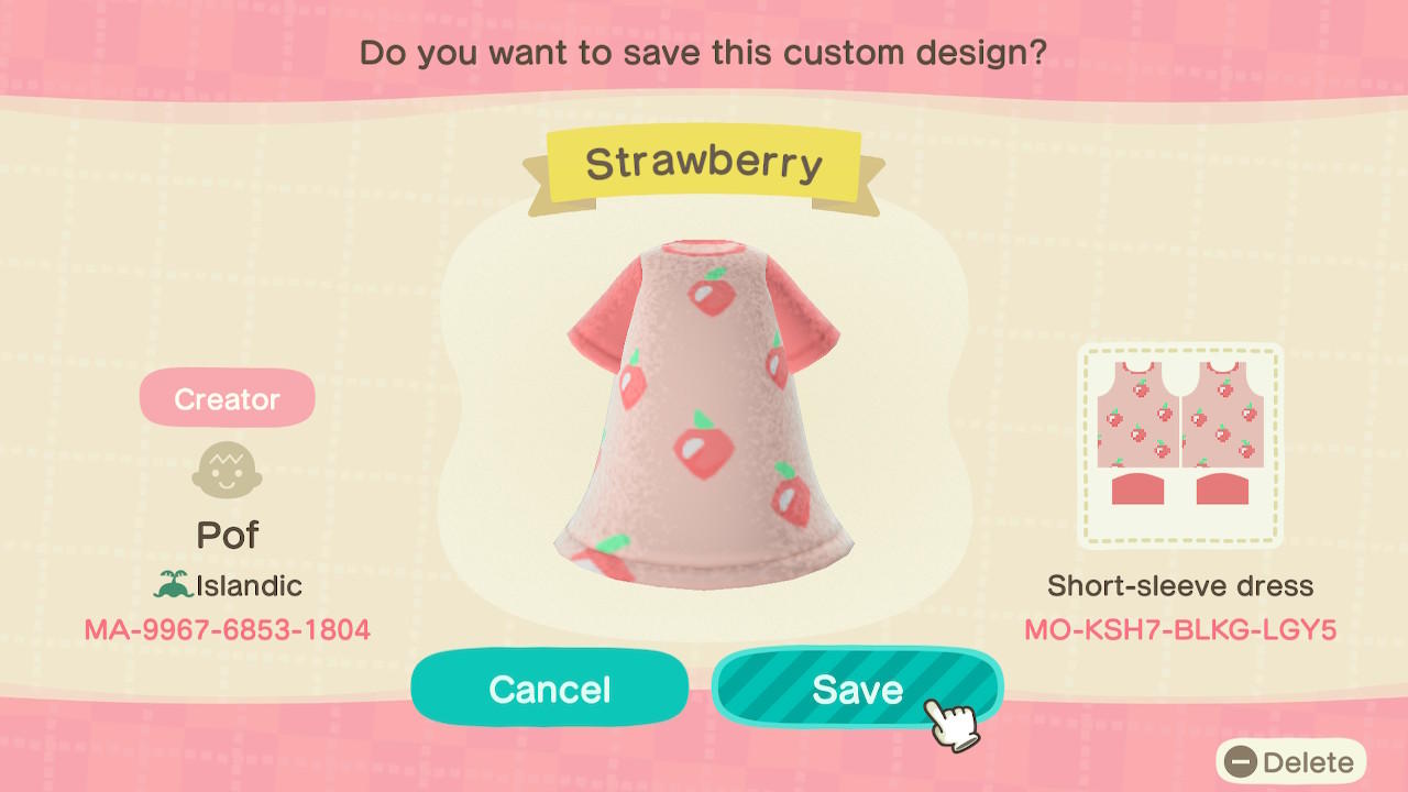 Animal Crossing Design Code: MO-KSH7-BLKG-LGY5 Strawberry