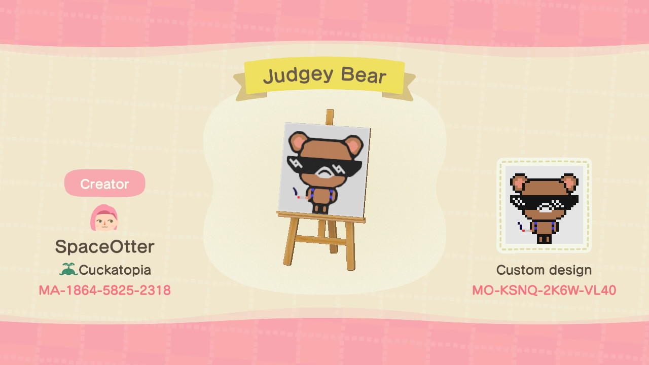 Animal Crossing Design Code: MO-KSNQ-2K6W-VL40 Judgey Bear Pattern