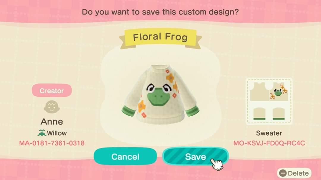 Animal Crossing Design Code: MO-KSVJ-FD0Q-RC4C Floral Frog