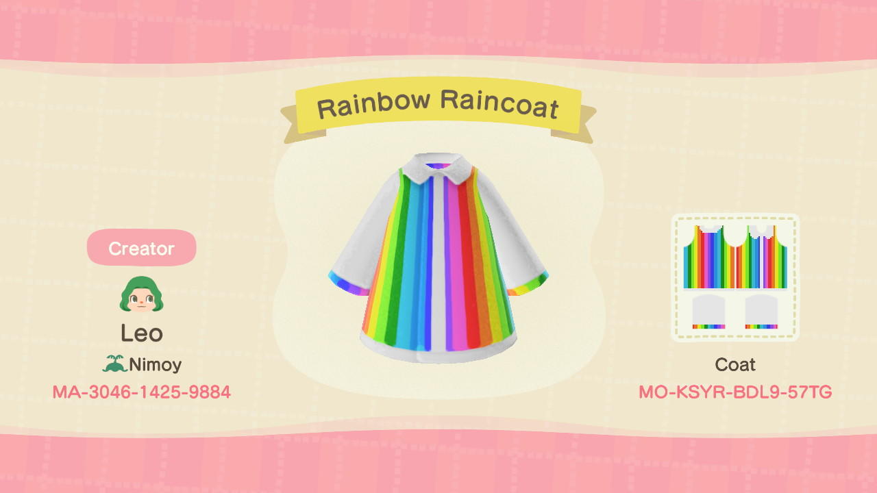 Animal Crossing Design Code: MO-KSYR-BDL9-57TG Rainbow Raincoat