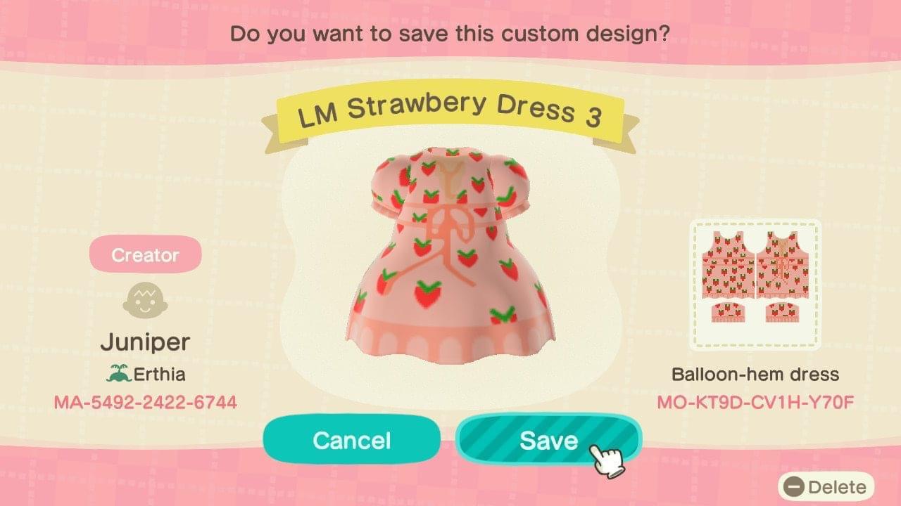Animal Crossing Design Code: MO-KT9D-CV1H-Y70F LM Strawberry Dress