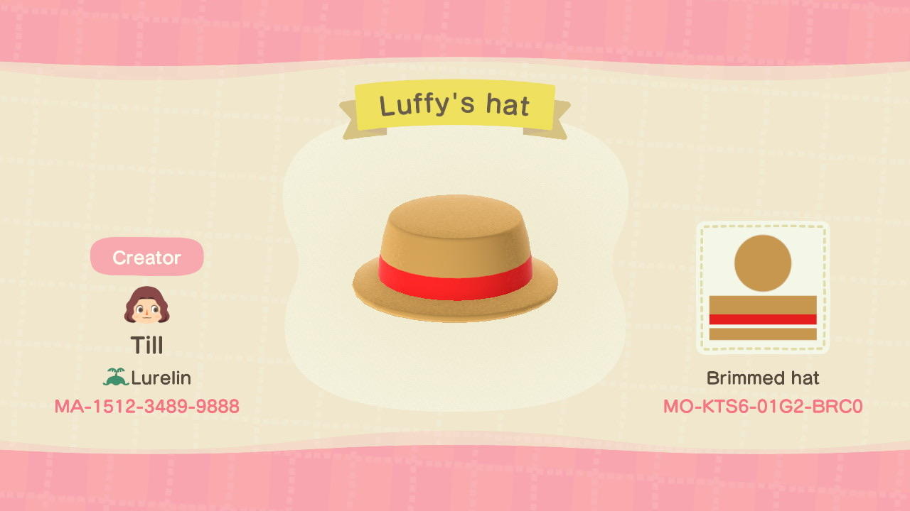 Animal Crossing Design Code: MO-KTS6-01G2-BRC0 Luffy&#39;s hat