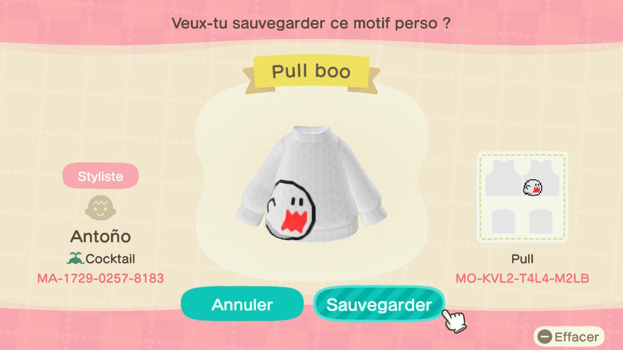 Animal Crossing Design Code: MO-KVL2-T4L4-M2LB Boo Sweater