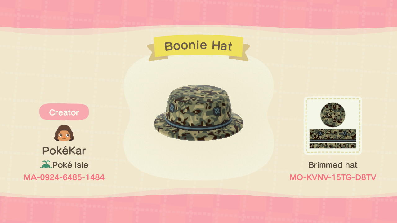 Animal Crossing Design Code: MO-KVNV-15TG-D8TV Boonie Hat