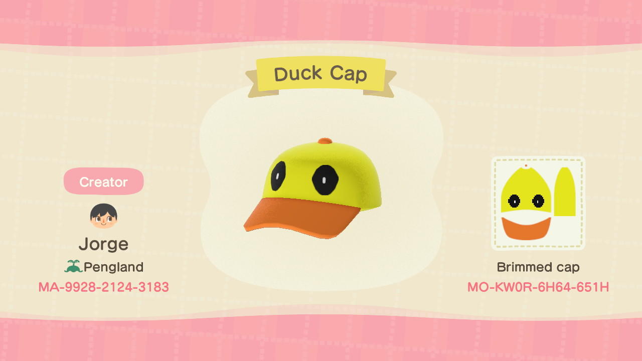 Animal Crossing Design Code: MO-KW0R-6H64-651H Duck Cap
