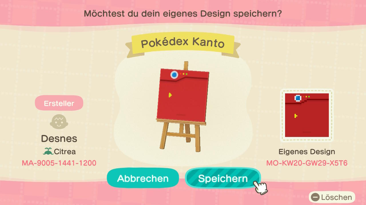 Animal Crossing Design Code: MO-KW20-GW29-X5T6 Pokédex Kanto