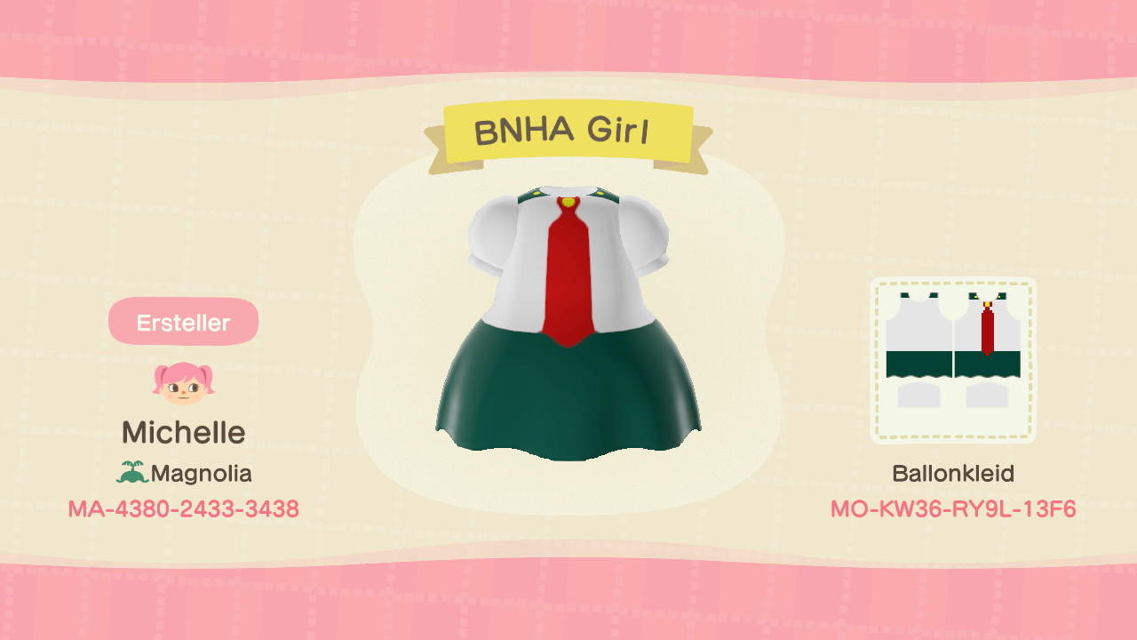 Animal Crossing Design Code: MO-KW36-RY9L-13F6 BNHA Girl