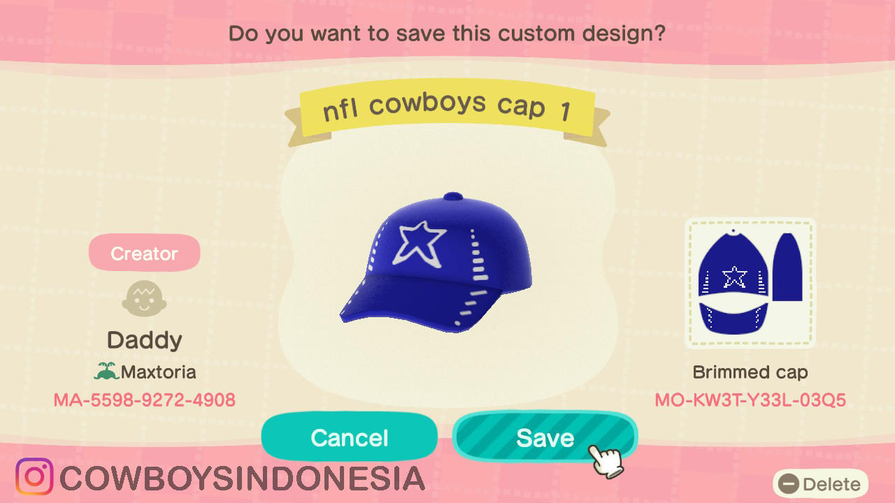 Animal Crossing Design Code: MO-KW3T-Y33L-03Q5 NFL Cowboys Cap 1