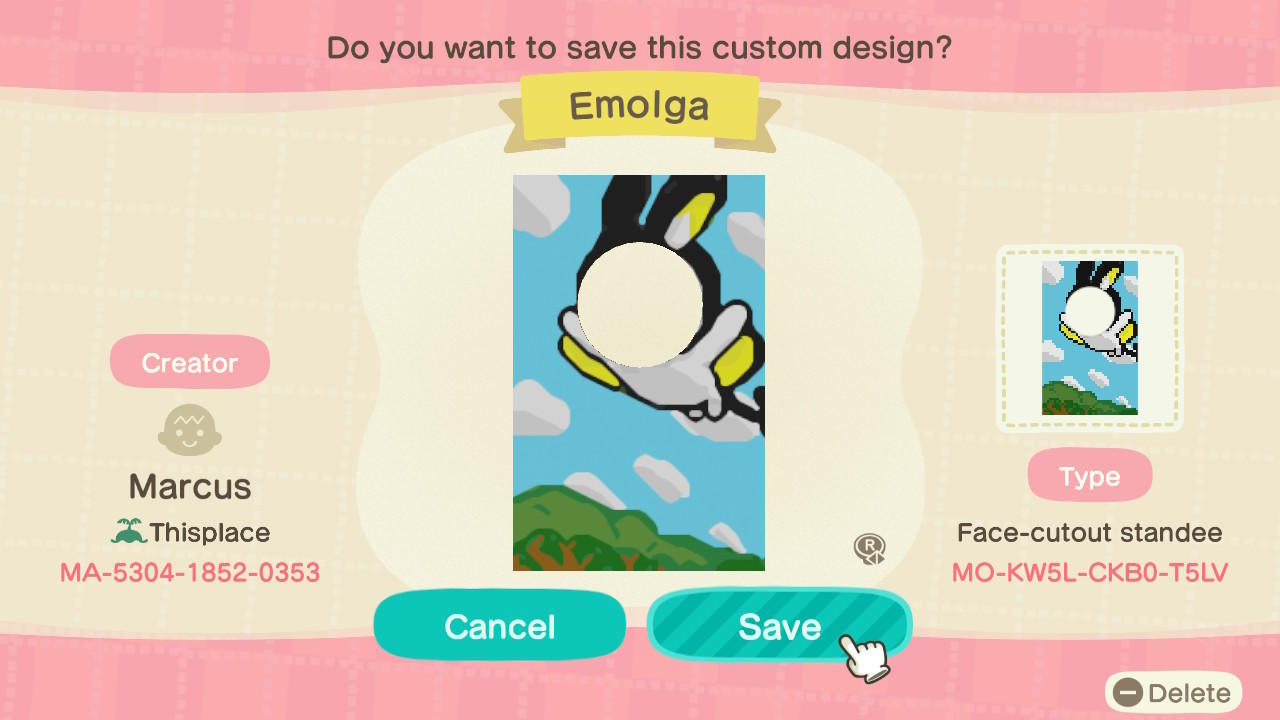 Animal Crossing Design Code: MO-KW5L-CKB0-T5LV Emolga Cutout