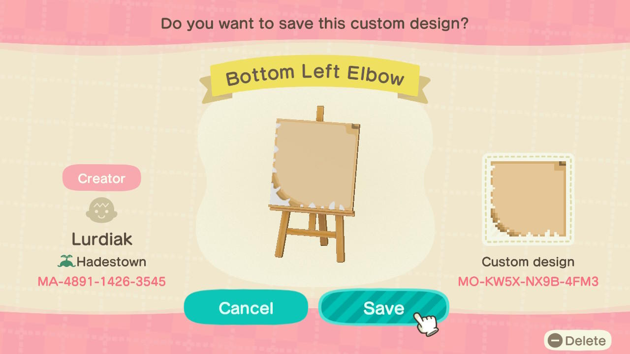 Animal Crossing Design Code: MO-KW5X-NX9B-4FM3 Bottom Left Elbow