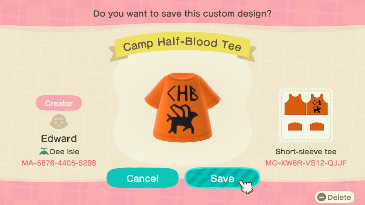 Animal Crossing Design Code: MO-KW6R-VS12-QJJF Camp Half-Blood Tee