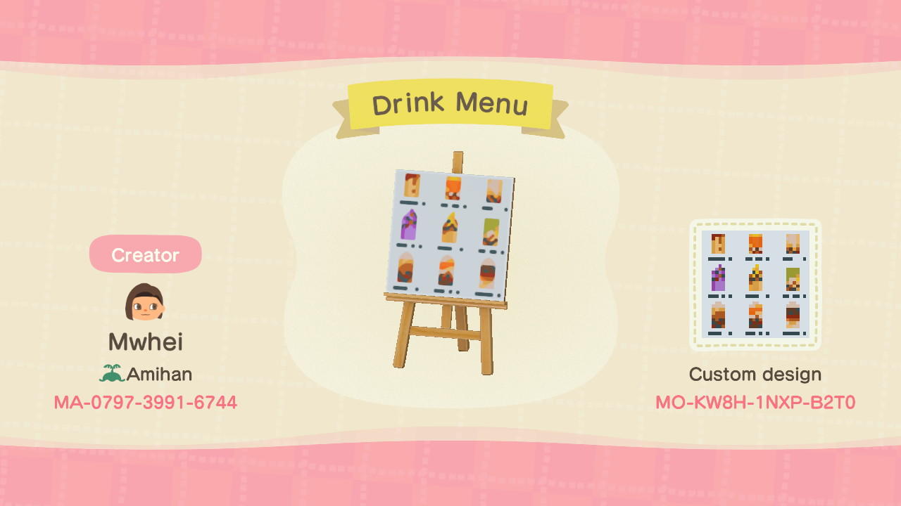 Animal Crossing Design Code: MO-KW8H-1NXP-B2T0 Drink Menu