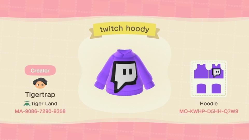 Animal Crossing Design Code: MO-KWHP-D5HH-Q7W9 Twitch hoodie