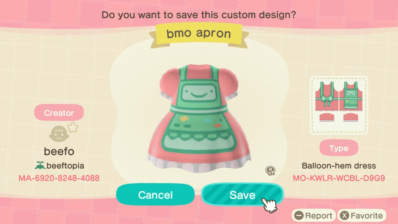 Animal Crossing Design Code: MO-KWLR-WCBL-D9G9 BMO Apron