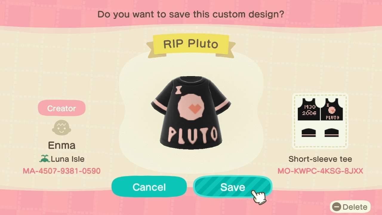 Animal Crossing Design Code: MO-KWPC-4KSG-8JXX I love Pluto RIP