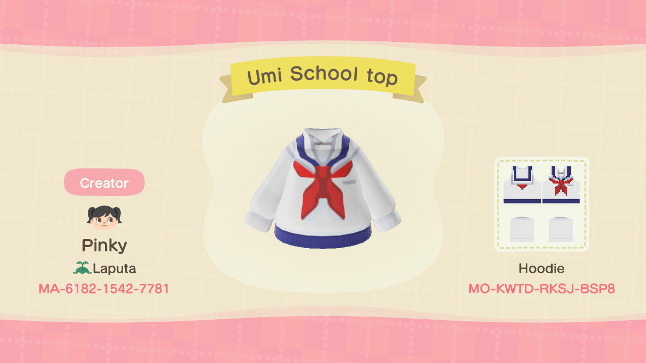 Animal Crossing Design Code: MO-KWTD-RKSJ-BSP8 Umi School top