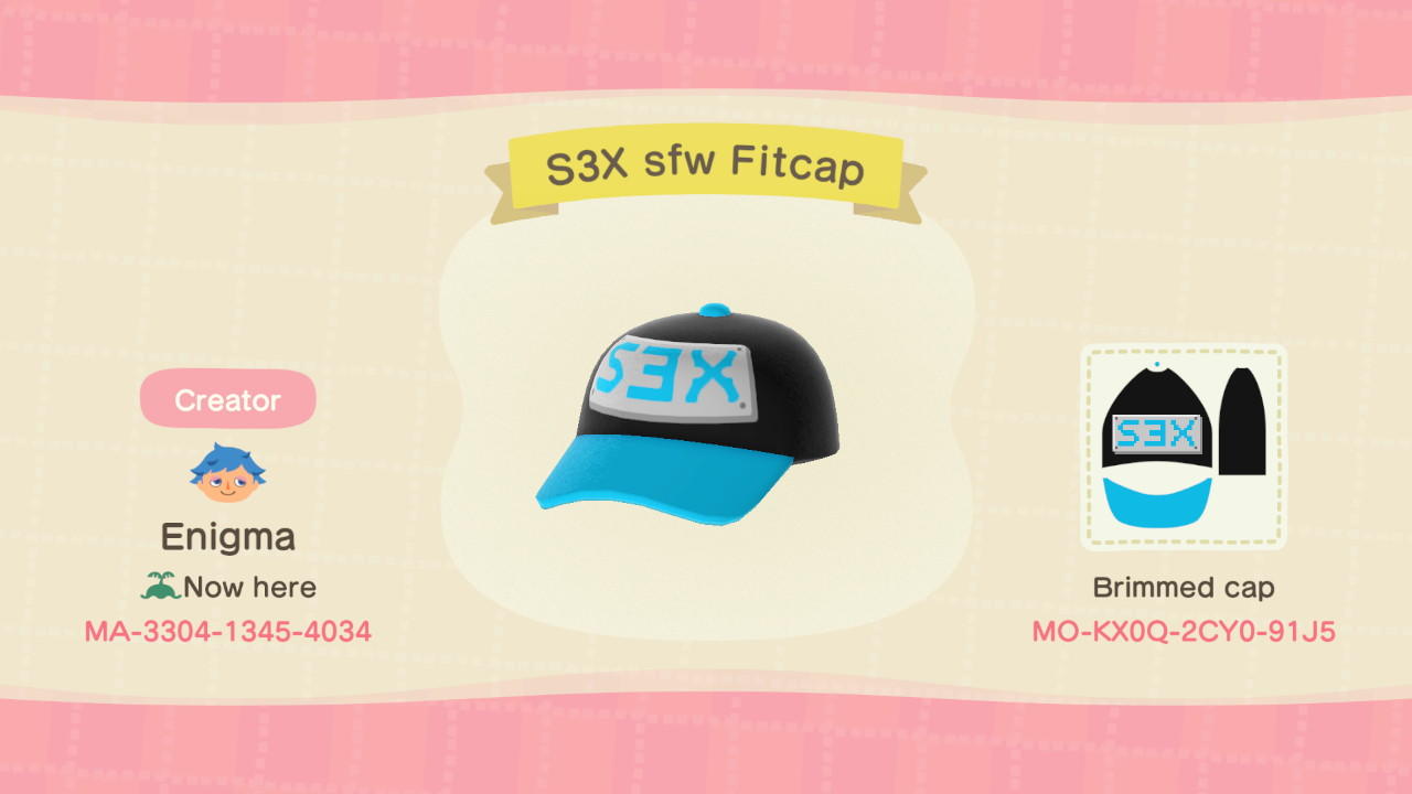 Animal Crossing Design Code: MO-KX0Q-2CY0-91J5 S3X sfw Fitcap