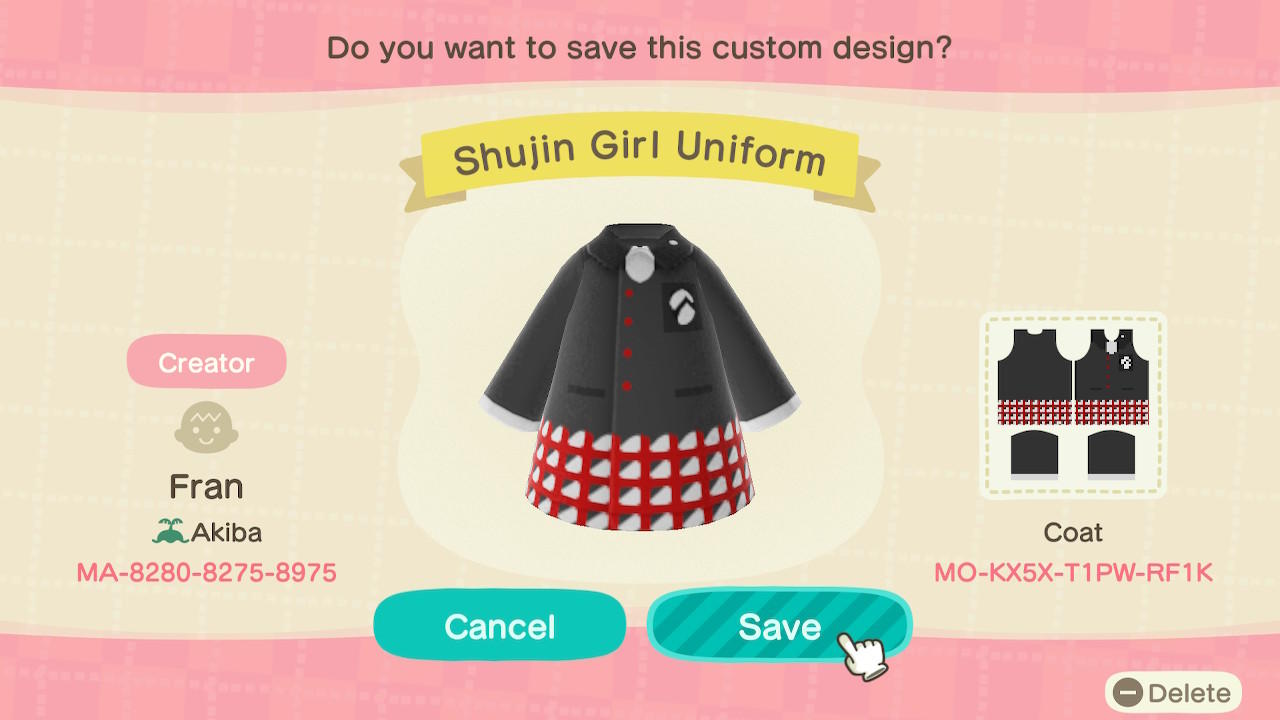 Animal Crossing Design Code: MO-KX5X-T1PW-RF1K Shujin Girl Uniform