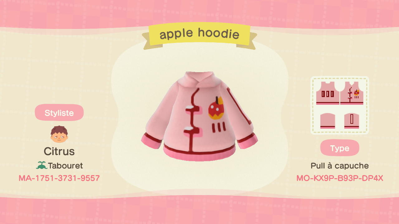 Animal Crossing Design Code: MO-KX9P-B93P-DP4X Apple Hoodie